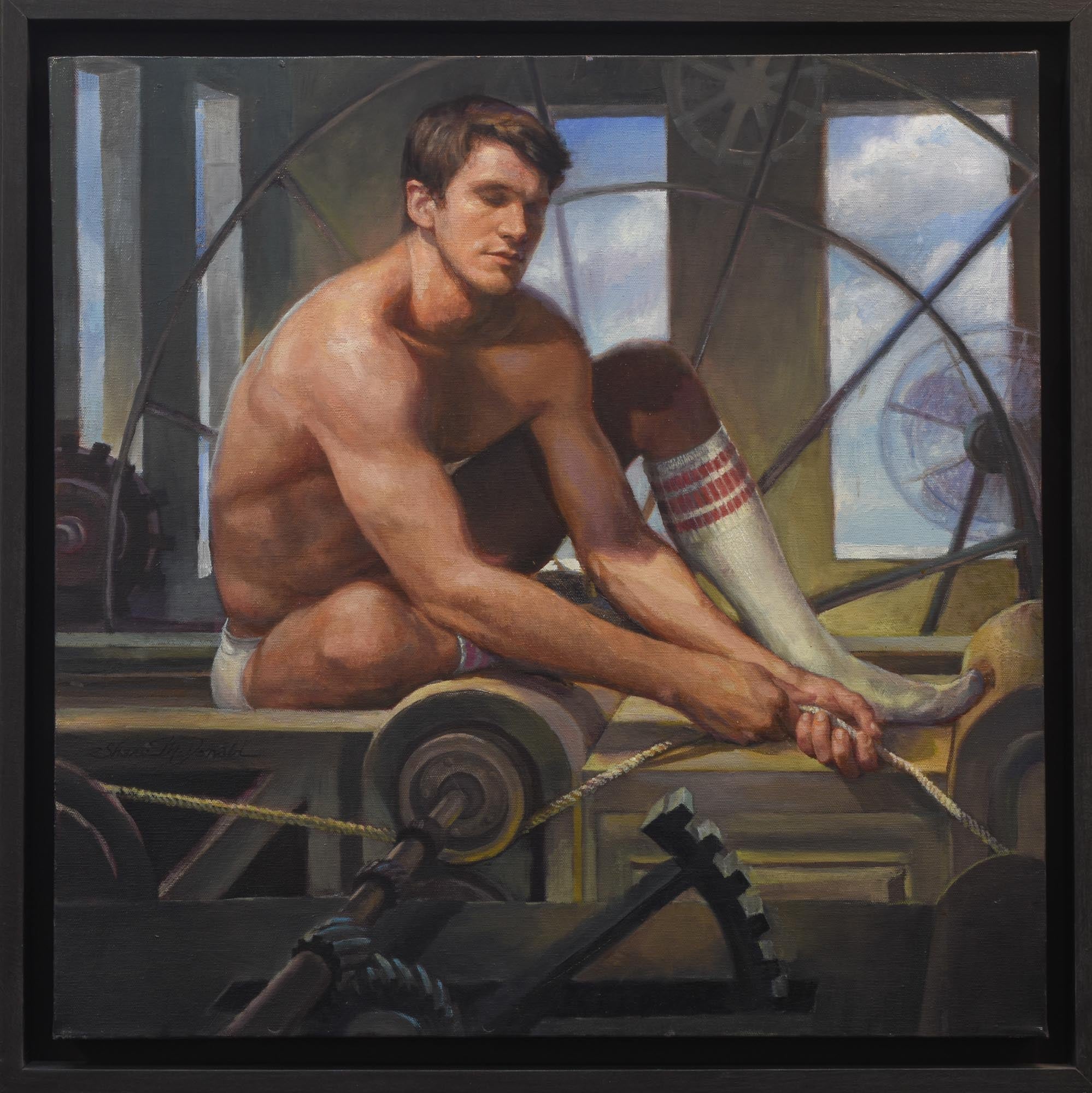 framed painting of a shirtless man with his eyes closed while sitting on machinery in an industrial tower in the sky