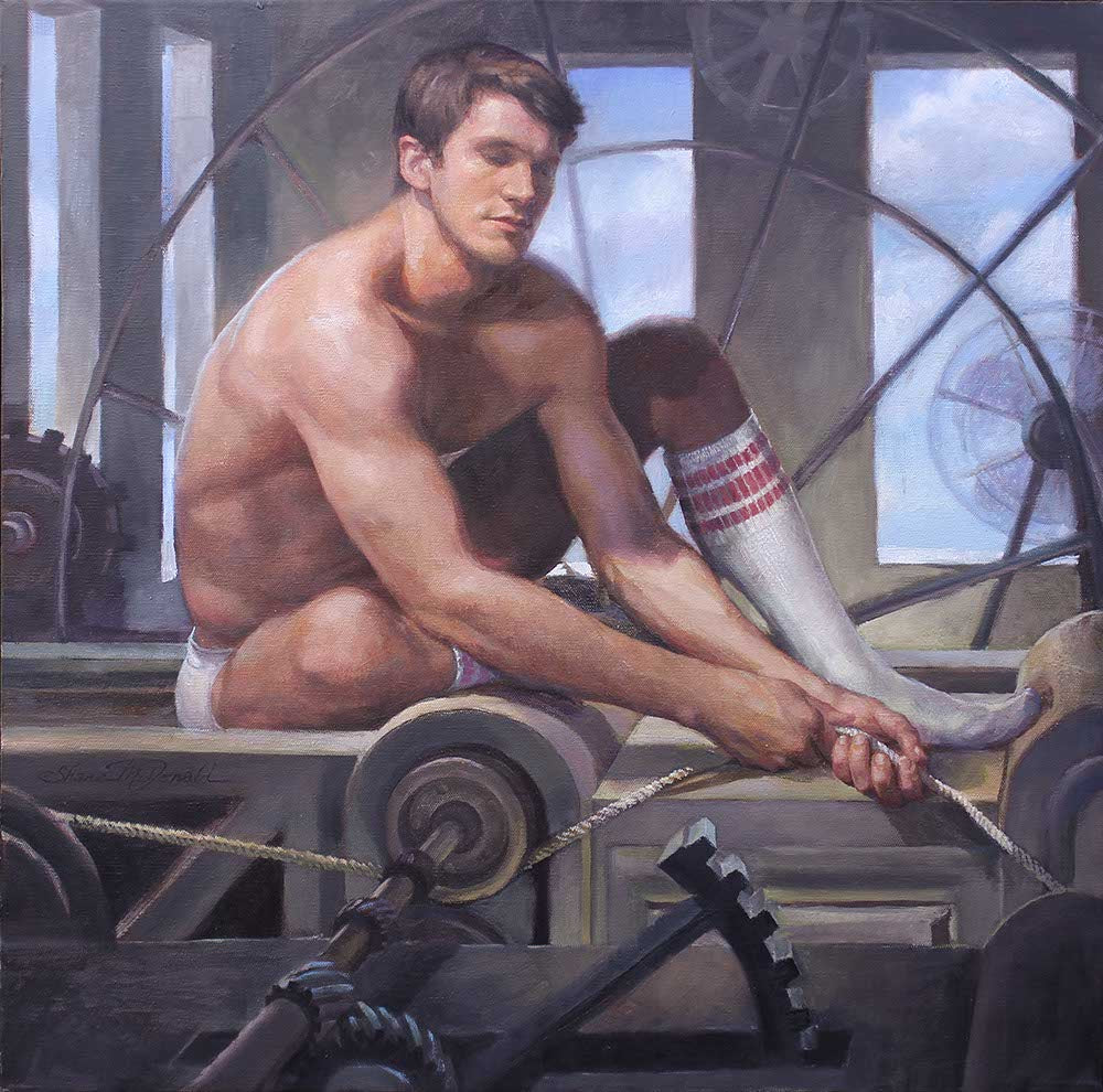 painting of a shirtless man with his eyes closed while sitting on machinery in an industrial tower in the sky