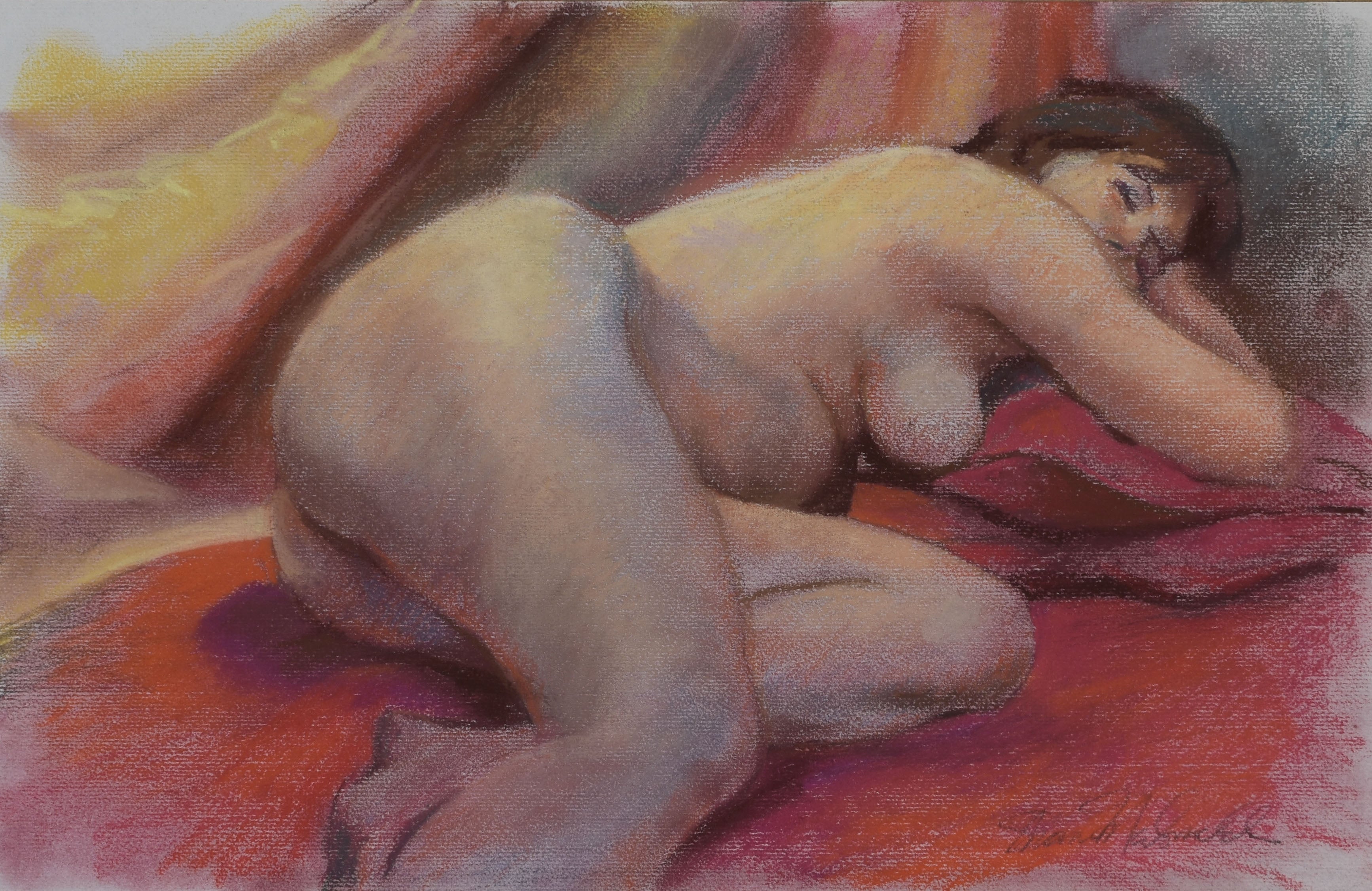 Brunette Resting with Fuchsia Fabric