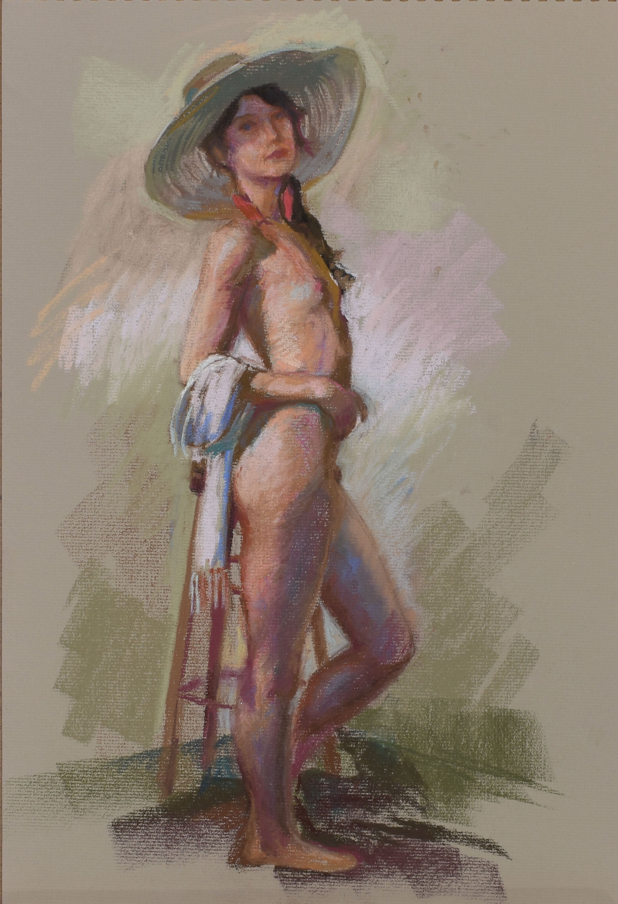 Standing Female Nude Wearing White Brimmed Hat